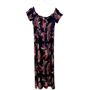 Anthropologie Patrons of Peace Midi Dress Medium Black Leaf Print Off Shoulder